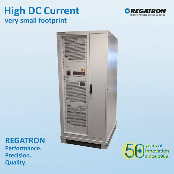 High-current DC Power Supply from REGATRON: Nominal current 6084 A, nominal power 162 kW, footprint less than 1 m²