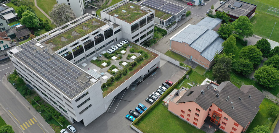 Drone shot of REGATRON Switzerland facility in Rorschach – programmable power supply manufacturer