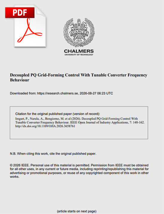Research paper preview on grid-forming inverter inertial response testing by Chalmers University of Technology